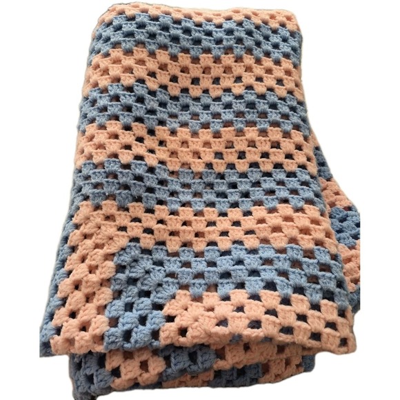 Handmade Other - Handmade Crocheted Blue & Pink  Throw Blanket 68L X 53W Cottage  Retro